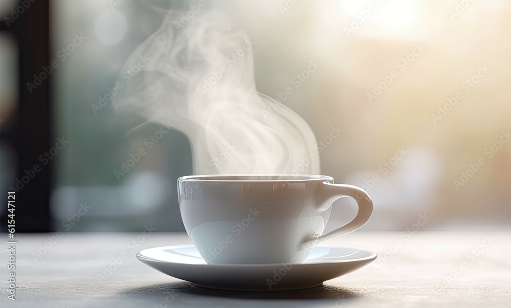 Wall mural morning close-up of steamy cup for breakfast coffee with smoke on table blur background