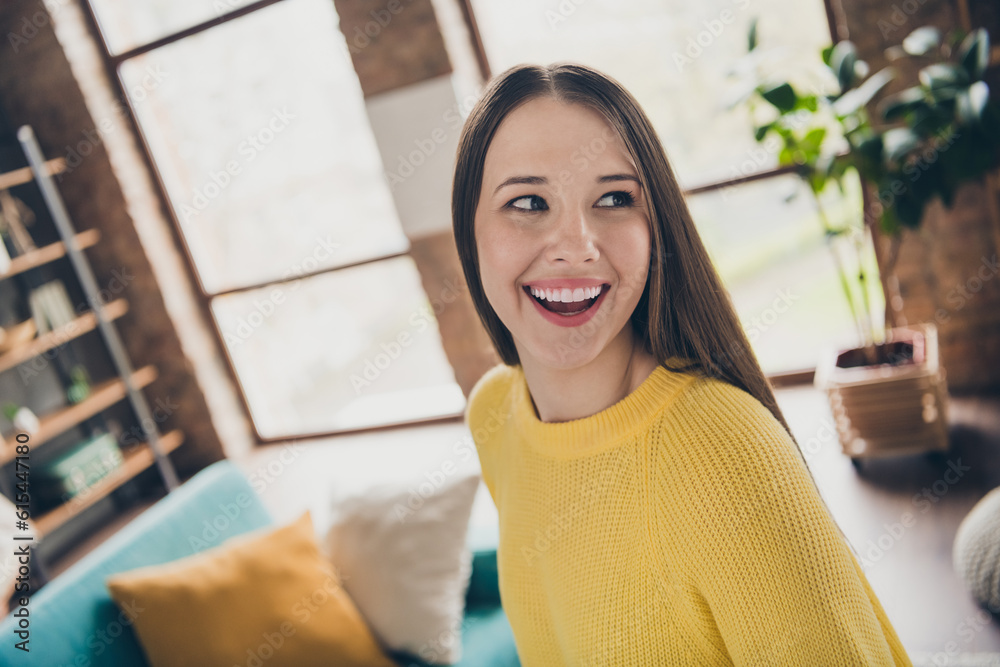 Canvas Prints Portrait of nice overjoyed person toothy smile have good mood look interested away enjoy spending pastime house inside