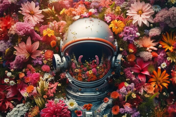 An astronaut with a helmet immersed in a breathtaking field of vibrant and colorful flowers. Ai generated
