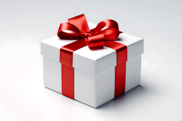 a white gift box with red ribbon and bow on wite background, Generative AI
