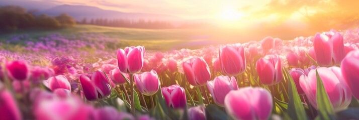 A field of tulips at sunrise. Generative AI