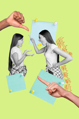 Vertical collage of black white effect mother daughter fighting scream big arm point finger show thumb down memo sticker isolated on green background