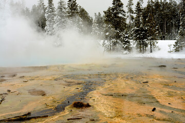 Winter Snowing Geothermal Pool Yellowstone