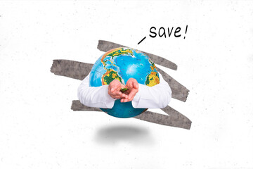 Banner collage eco friendly concept planet earth protection hold green plant environment save clean...
