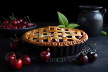 beautiful cherry pie on black plate with garnish of fresh fruit, created with generative ai