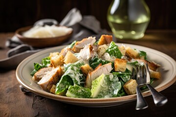 stylish plate of chicken caesar salad with croutons, parmesan cheese, and homemade dressing, created with generative ai - obrazy, fototapety, plakaty