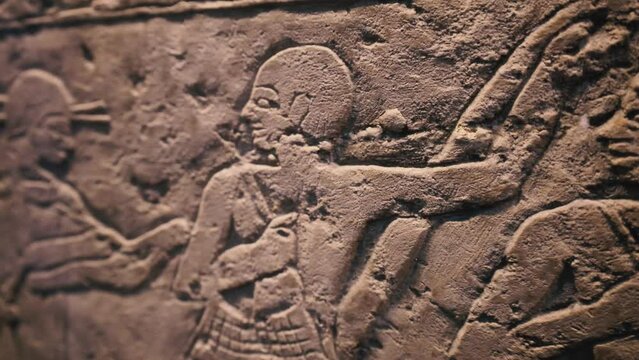 Relief Image of People on an Ancient Egyptian Stele, Close-up Motion