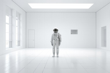Encounter an intriguing sight of an astronaut standing poised within a pristine white room, evoking a sense of exploration and wonder. Ai generated