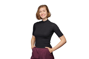  portrait of confident young happy woman looks in camera  - authentic natural business woman...