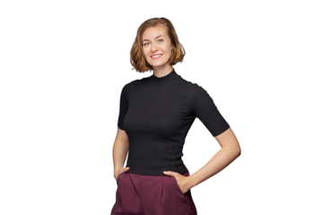  portrait of confident young happy woman looks in camera  - authentic natural business woman portrait. Isolated on free PNG Background.