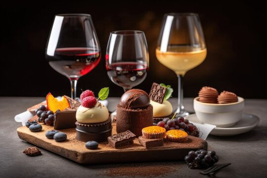 Chocolate And Wine Pairing With A Variety Of Desserts For Dessert, Created With Generative Ai