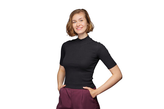  portrait of confident young happy woman looks in camera  - authentic natural business woman portrait. Isolated on free PNG Background.