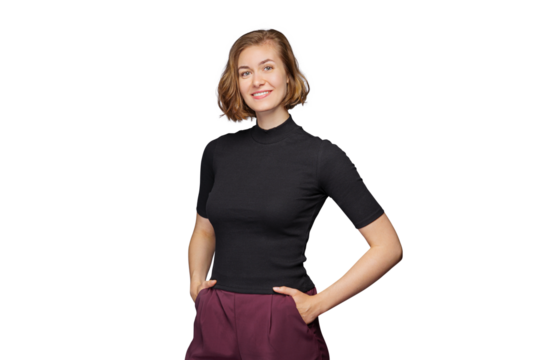  portrait of confident young happy woman looks in camera  - authentic natural business woman portrait. Isolated on free PNG Background.
