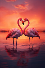 Fototapeta na wymiar Two loving flamingo birds in sunset kissing in the swan both long necks forming heart shape