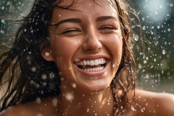 A close - up photo of a happy woman model with water splashes, emphasizing the concept of skincare hydration and beauty. Generative AI