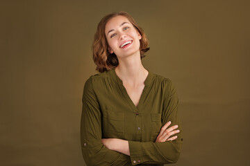  portrait of young happy woman looks in camera  - authentic natural business woman portrait.