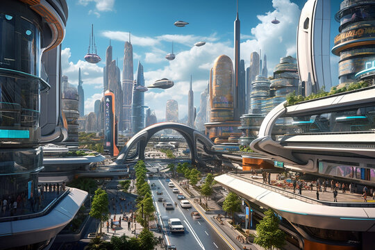 Illustration of future American city with flying cars and transport