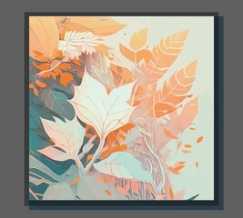 Elegant background with marble texture, wedding card, modern, autumn leaves, detailed illustration, pastel colors of flora, hand-drawn flowers, clipart on a white background, scattered watercolor.