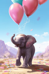 Cute baby elephant with balloons