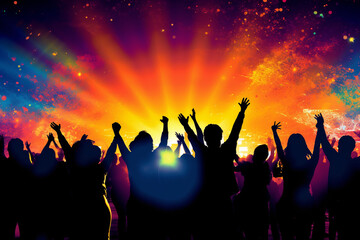 illustration of famous musicians performing on stage during a concert