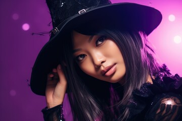 Fototapeta premium A close - up photograph featuring a young Asian woman in her 20s, immersed in the Halloween spirit. Generative AI