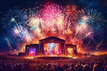illustration of famous musicians performing on stage during a concert