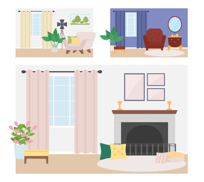Cozy home decor flat color vector illustration set. Living room