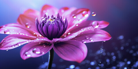 Schöne lila farbige Blume mit Wassertropfen blüht geöffnet Nahaufnahme für Poster und als Hintergrundmotiv, ai generativ - obrazy, fototapety, plakaty
