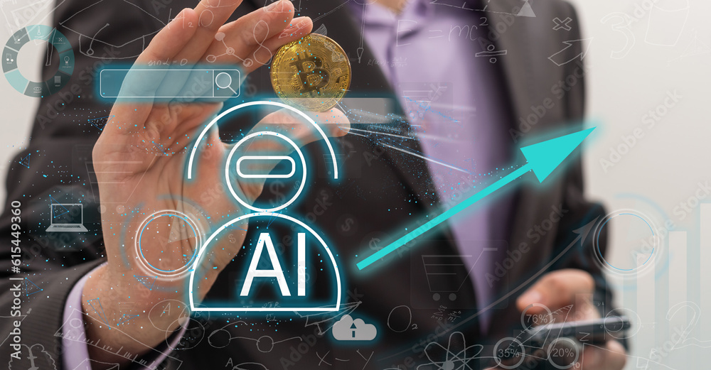 Poster hand touching digital chatbot for provide access to information and data in online network, robot ap