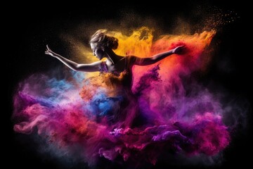 Beautiful woman in colorful dress dancing with colorful smoke on black background. Generated AI - obrazy, fototapety, plakaty