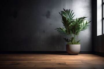 Serenity in Shadows: Plant in Pot Gracing a Dark Empty Room with Concrete Wall, Dark Room, Empty Room, Plant, Pot, Concrete Wall, Serenity, Shadows, Minimalist, Interior Design,