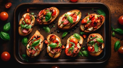 Fototapeta na wymiar A platter of vibrant and fresh bruschetta, featuring toasted baguette slices topped with ripe tomatoes, basil leaves, mozzarella cheese, and a drizzle of balsamic. Generative AI.