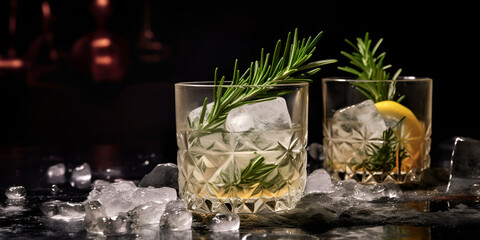 Classic gin and tonic cocktail with rosemary sprigs in tall glasses on a table with bar accessories - obrazy, fototapety, plakaty