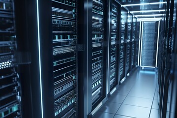 Technological Nexus: Close-Up of Data Center Computer Racks, Data center, Computer racks, Technology, Close-up, Hardware, Servers, Networking, IT infrastructure, Network equipment,