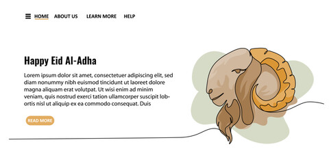 Continuous line art or One Line drawing of a Goat Head animal for vector illustration landing page and banner, muslim holiday Eid Al-Adha