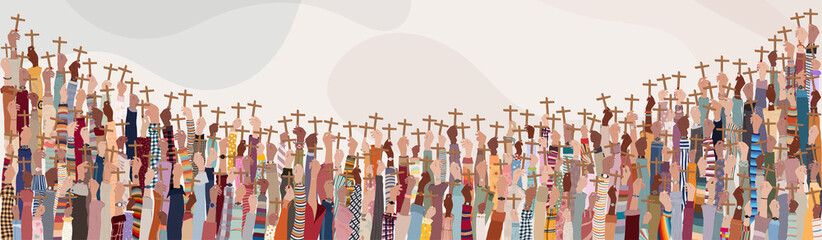 Group of multicultural christian people hands raised holding a wooden crucifix. Christian worship.Praying or singing.Concept of faith and hope in Jesus Christ.Copy space template. Church