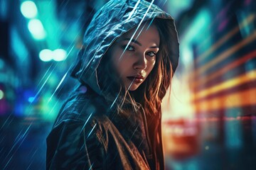 Portrait of a beautiful young woman in a raincoat. Generated AI