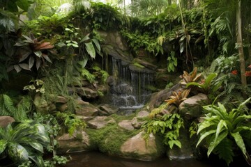 exotic pet habitat featuring waterfall and lush greenery, created with generative ai