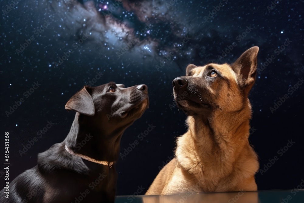 Wall mural dog and cat floating in space, gazing at distant starry sky, created with generative ai