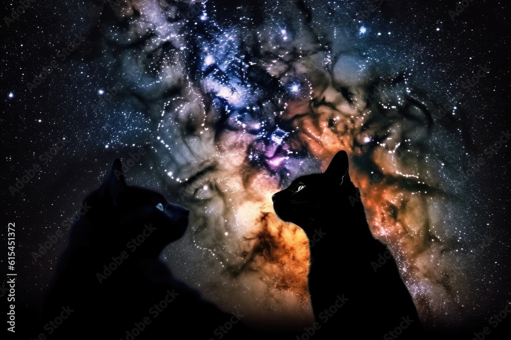 Wall mural cosmic nebula with silhouette of feline and canine astronaut in space, created with generative ai