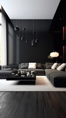Understated Elegance: A Minimalistic Black Living Room with Serene Ambiance Generative AI 2