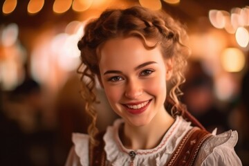 A close - up photo of a joyful young woman wearing a traditional Oktoberfest dirndl. Generative AI