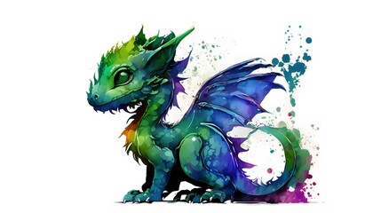 Cute Baby Green Dragon Sitting isolated on white. Generative AI