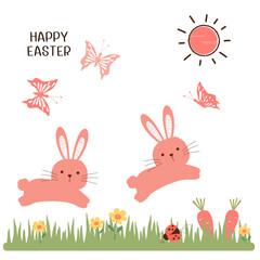 Bunny rabbit cartoons, butterflies, carrot, green grass, and sun isolated on white background