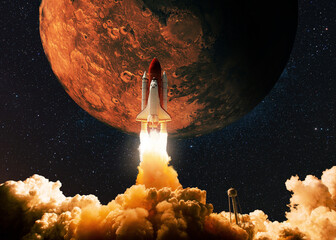 New Space Shuttle Rocket with blast and smoke takes off to the red planet mars, concept. Spacecraft...