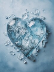 Transparent crystal ice heart shape on the blue simple minimalist surface. Flat lay. Generative Ai