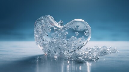 Transparent crystal ice heart shape with a simple minimalist snow background.Generative Ai