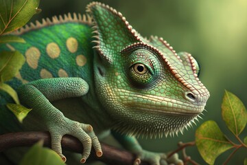 Fototapeta premium Chameleon on a branch in the forest, closeup
