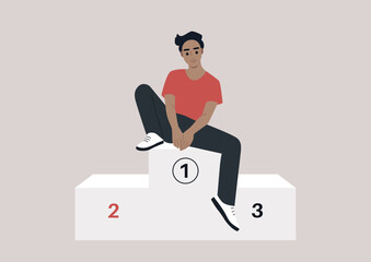 A young Caucasian character sitting on a winner podium, first place concept