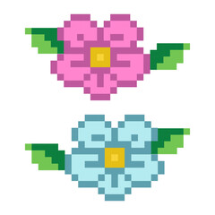 Flower with leave pixel art, pixel flower icon on white background